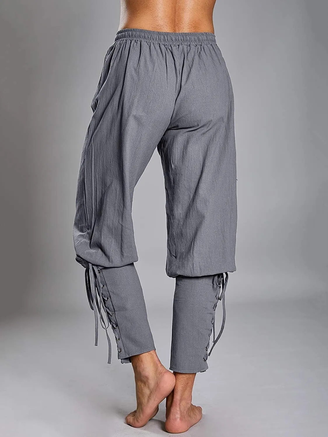 Mens Medieval Ankle Pants Viking Pirate Renaissance Costume Lace Up Tapered Banded Navigator Casual Trousers
