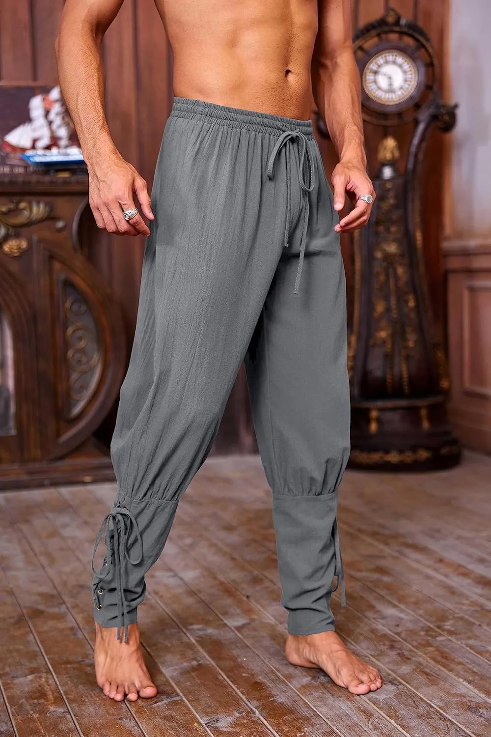 Mens Medieval Ankle Pants Viking Pirate Renaissance Costume Lace Up Tapered Banded Navigator Casual Trousers