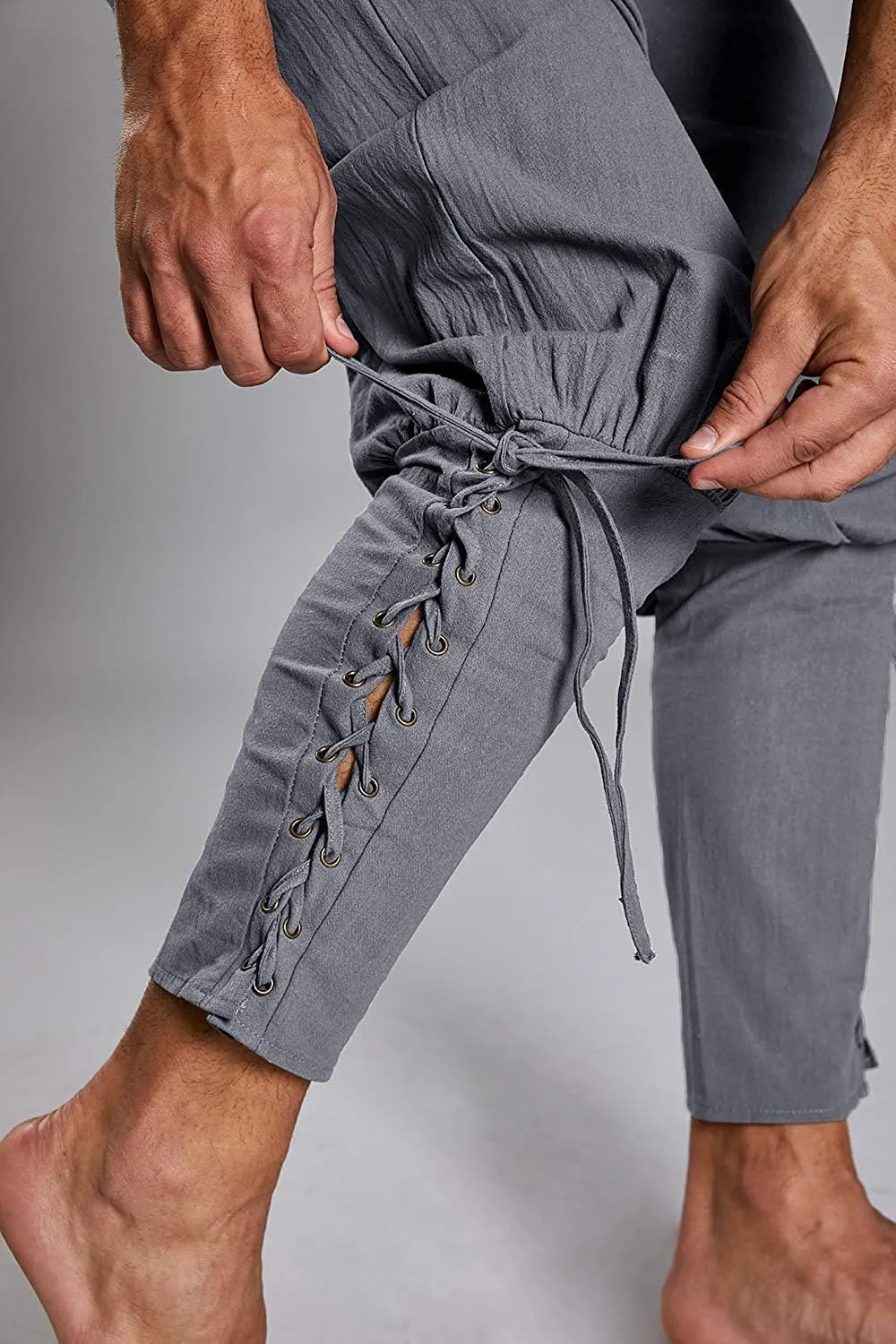 Mens Medieval Ankle Pants Viking Pirate Renaissance Costume Lace Up Tapered Banded Navigator Casual Trousers