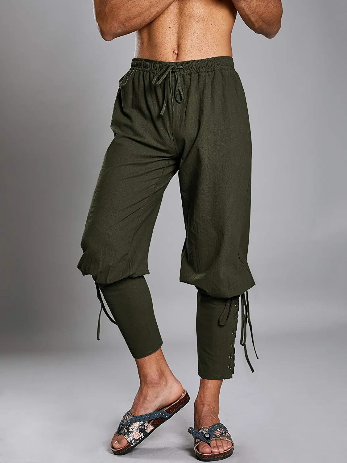 Mens Medieval Ankle Pants Viking Pirate Renaissance Costume Lace Up Tapered Banded Navigator Casual Trousers