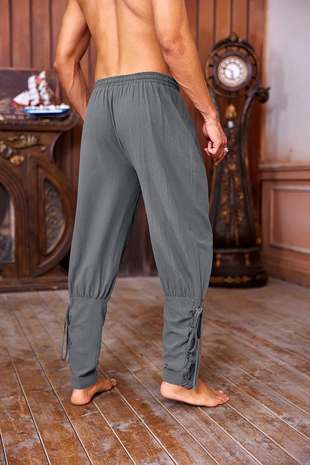 Mens Medieval Ankle Pants Viking Pirate Renaissance Costume Lace Up Tapered Banded Navigator Casual Trousers