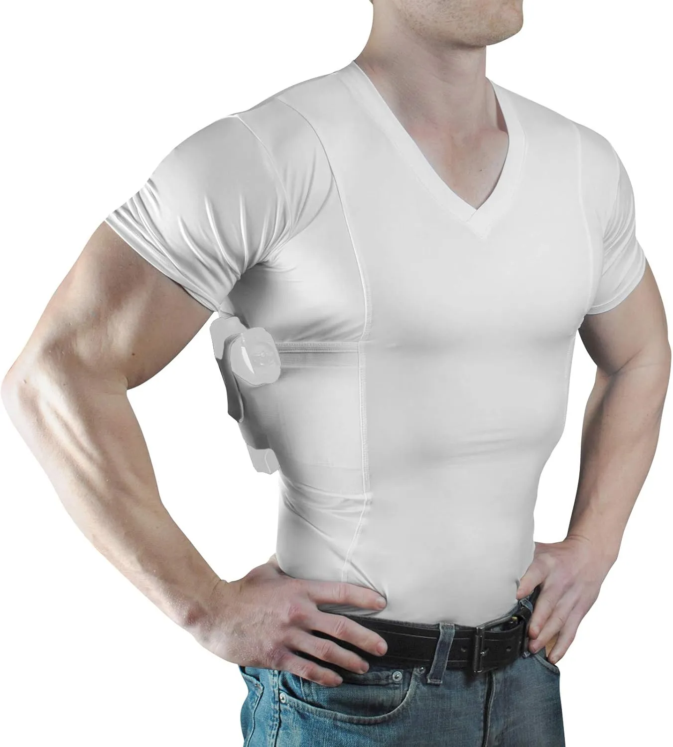 Mens Pistol Holster Undershirt for CCW Concealed Carry, V- Neck, All-Day-Comfort Easy Breathe Compression Fabric