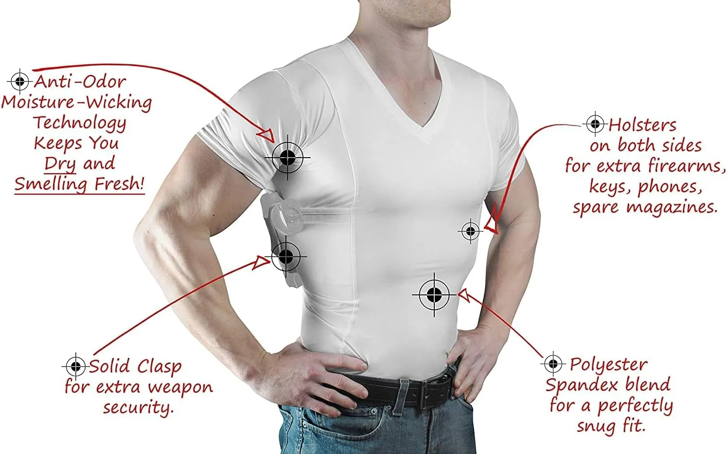 Mens Pistol Holster Undershirt for CCW Concealed Carry, V- Neck, All-Day-Comfort Easy Breathe Compression Fabric