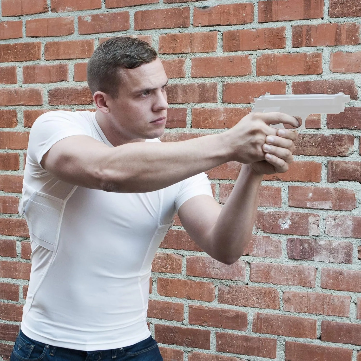 Mens Pistol Holster Undershirt for CCW Concealed Carry, V- Neck, All-Day-Comfort Easy Breathe Compression Fabric