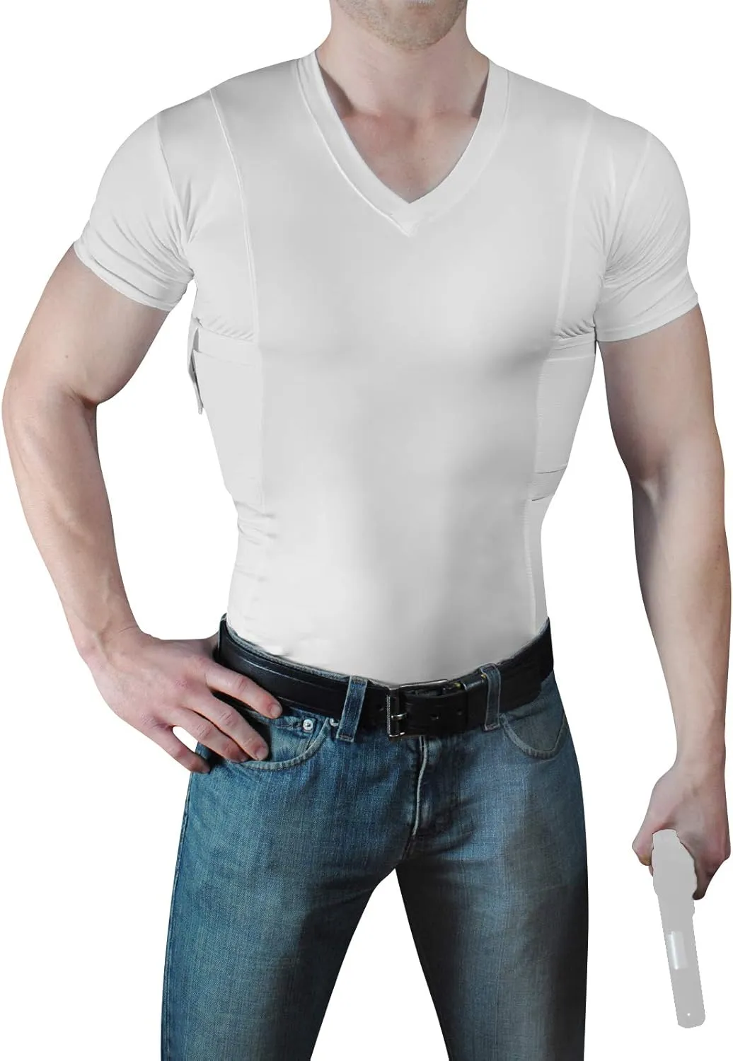 Mens Pistol Holster Undershirt for CCW Concealed Carry, V- Neck, All-Day-Comfort Easy Breathe Compression Fabric
