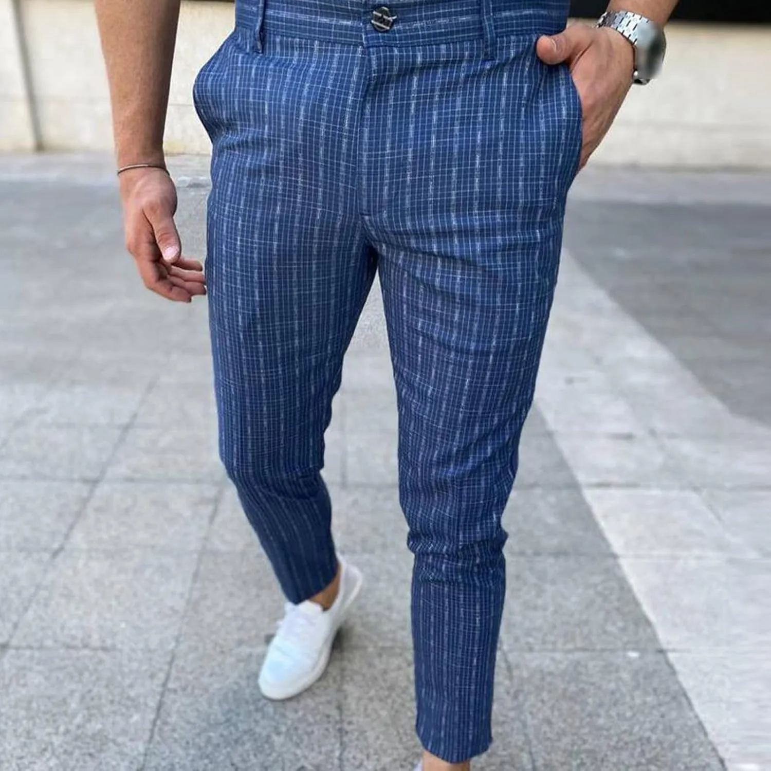 Men's Plaid Casual Dress Pants Stripe Printed Chino Pencil Trousers Slim Fit Stretch Flat Front Skinny Pant
