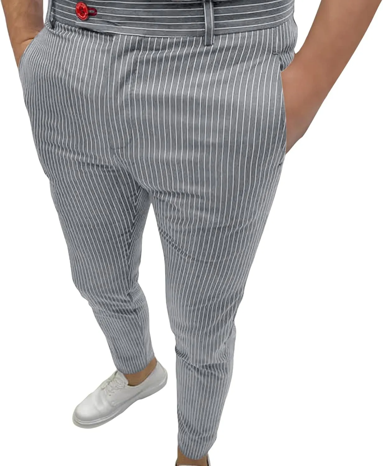 Men's Stretch Stripe Dress Pants Business Flat Front Golf Long Pant Classic Slim Fit Tapered Chino Trousers