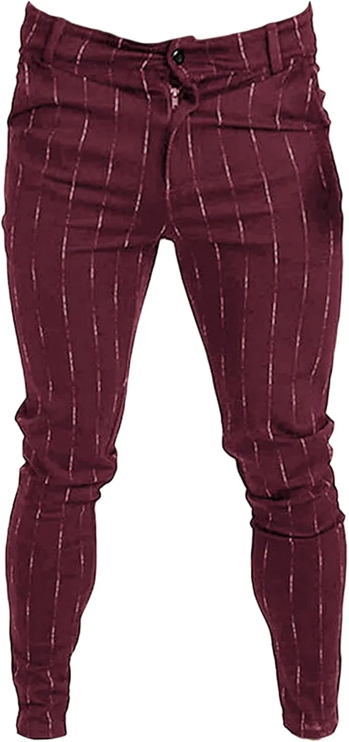 Men's Stripe Printed Dress Pants Skinny Stretch Chino Pencil Trousers Classic Slim Flat Front Golf Long Pants