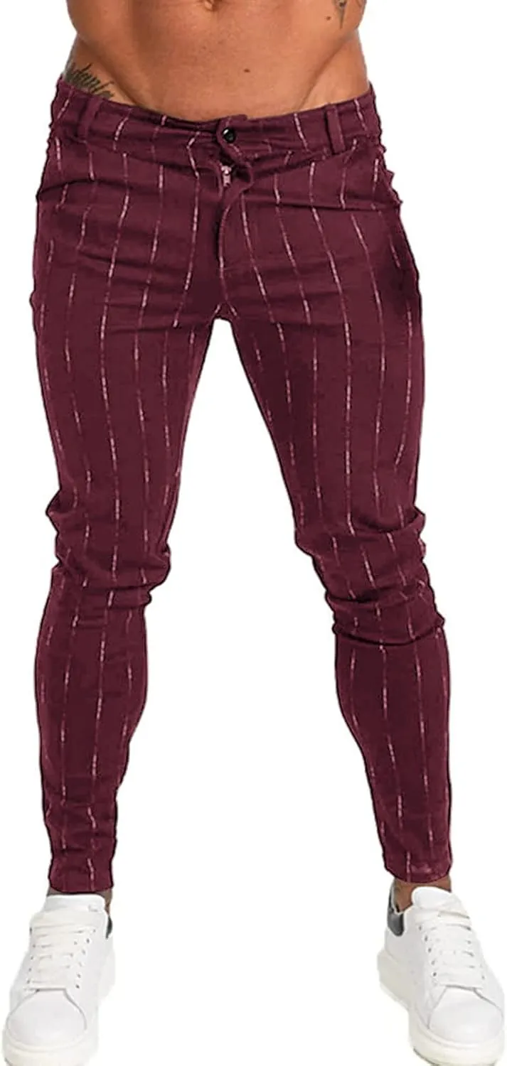 Men's Stripe Printed Dress Pants Skinny Stretch Chino Pencil Trousers Classic Slim Flat Front Golf Long Pants