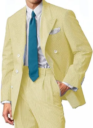 Mens Suit Summer Seersucker 2 Piece Double Breasted Buckle Striped Tuxedos for Men Wedding Suits Cotton Beach Party