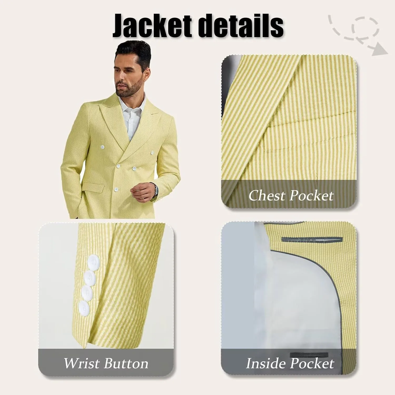 Mens Suit Summer Seersucker 2 Piece Double Breasted Buckle Striped Tuxedos for Men Wedding Suits Cotton Beach Party