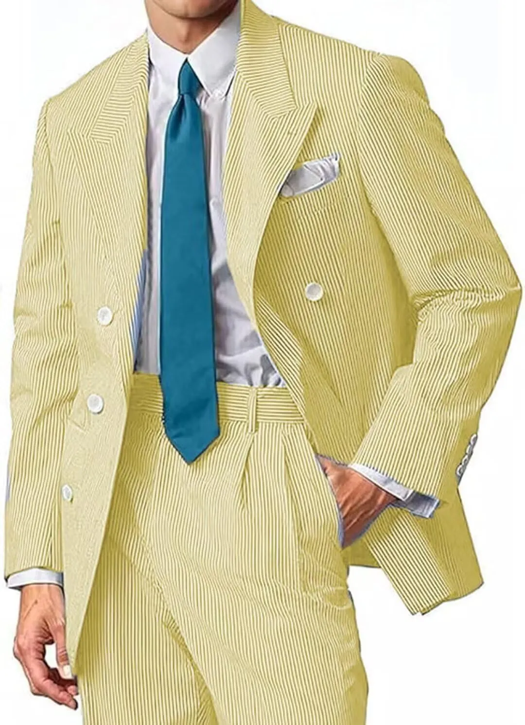 Mens Suit Summer Seersucker 2 Piece Double Breasted Buckle Striped Tuxedos for Men Wedding Suits Cotton Beach Party