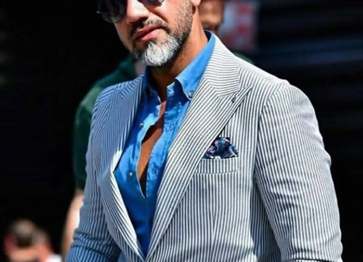 Mens Suit Summer Seersucker 2 Piece Double Breasted Buckle Striped Tuxedos for Men Wedding Suits Cotton Beach Party