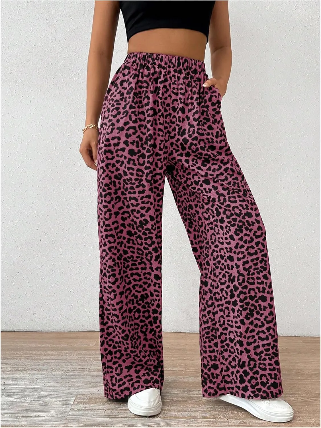 Milumia Women's Leopard Print Wide Leg Pants High Waist Fall Long Trousers
