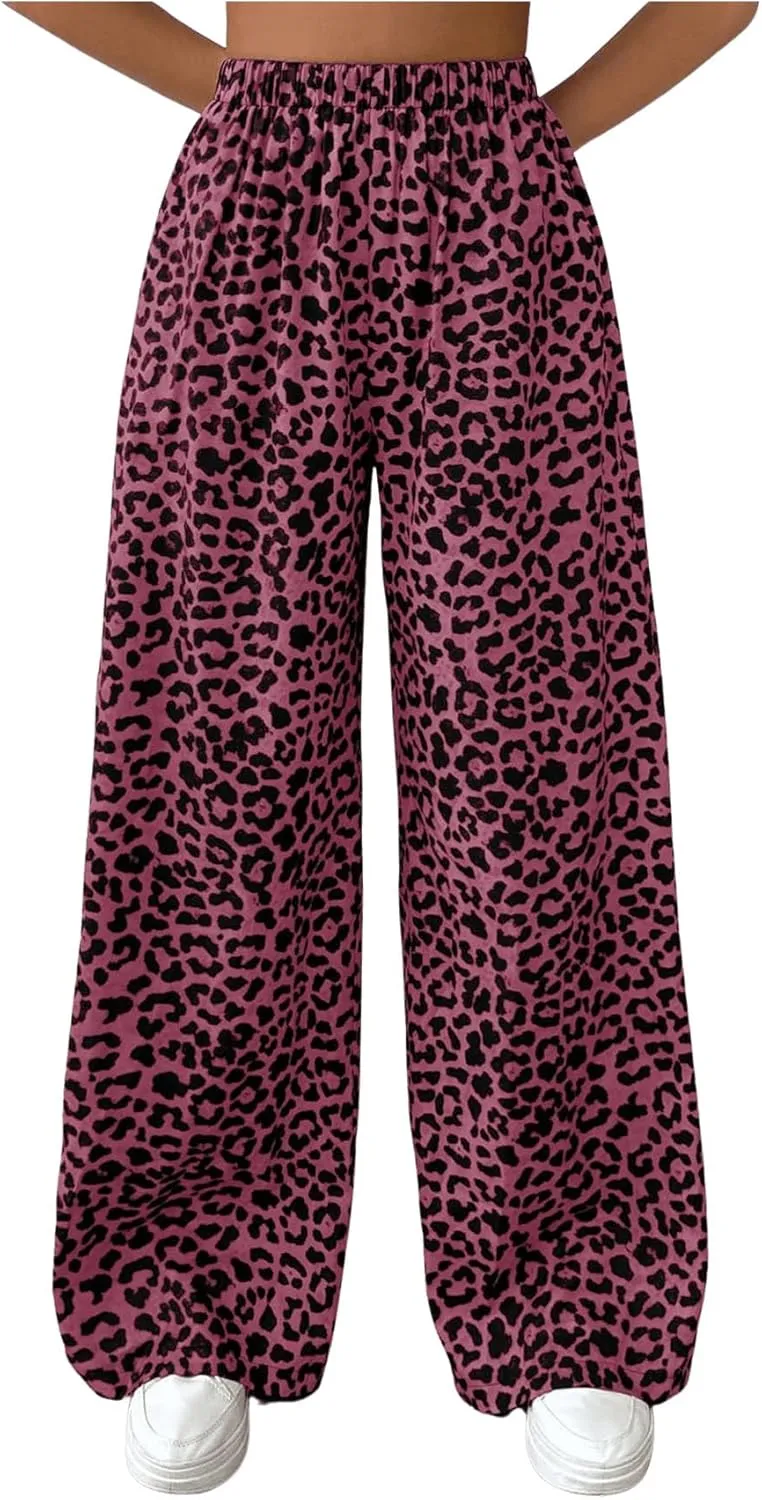 Milumia Women's Leopard Print Wide Leg Pants High Waist Fall Long Trousers