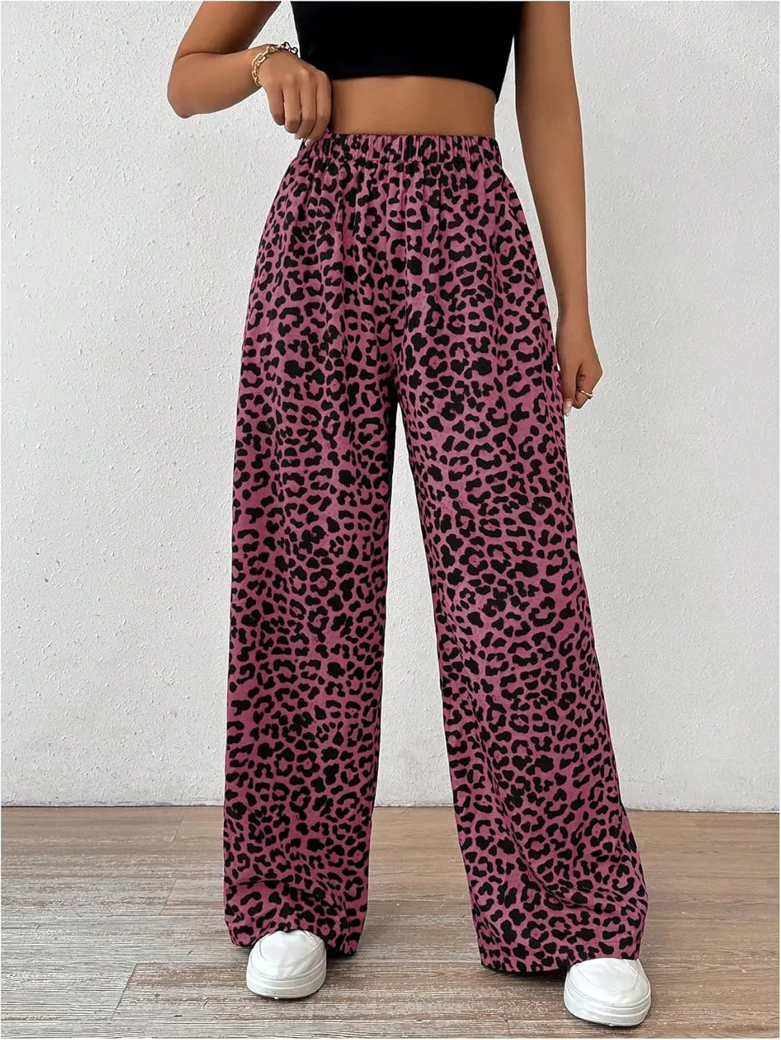 Milumia Women's Leopard Print Wide Leg Pants High Waist Fall Long Trousers
