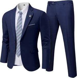 MrSure Men's 2 Piece Slim Fit Suit with Two-Button, Solid Stretch Jacket Pants & Tie Set.