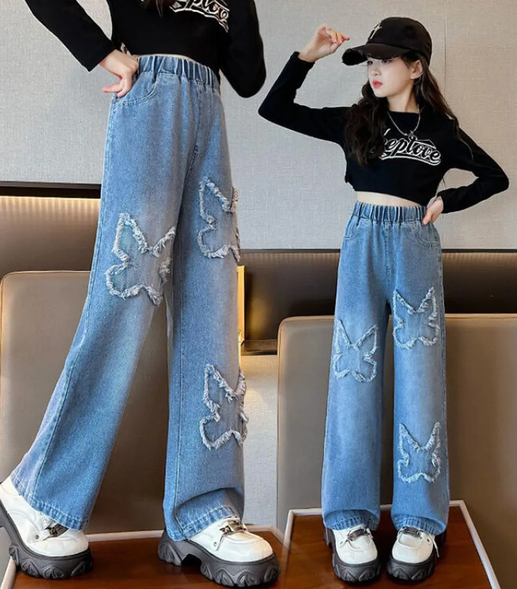 NABER Kids Girls Casual Baggy Wide Leg Denim Pants Elastic Waist Casual Jeans Age 5-14