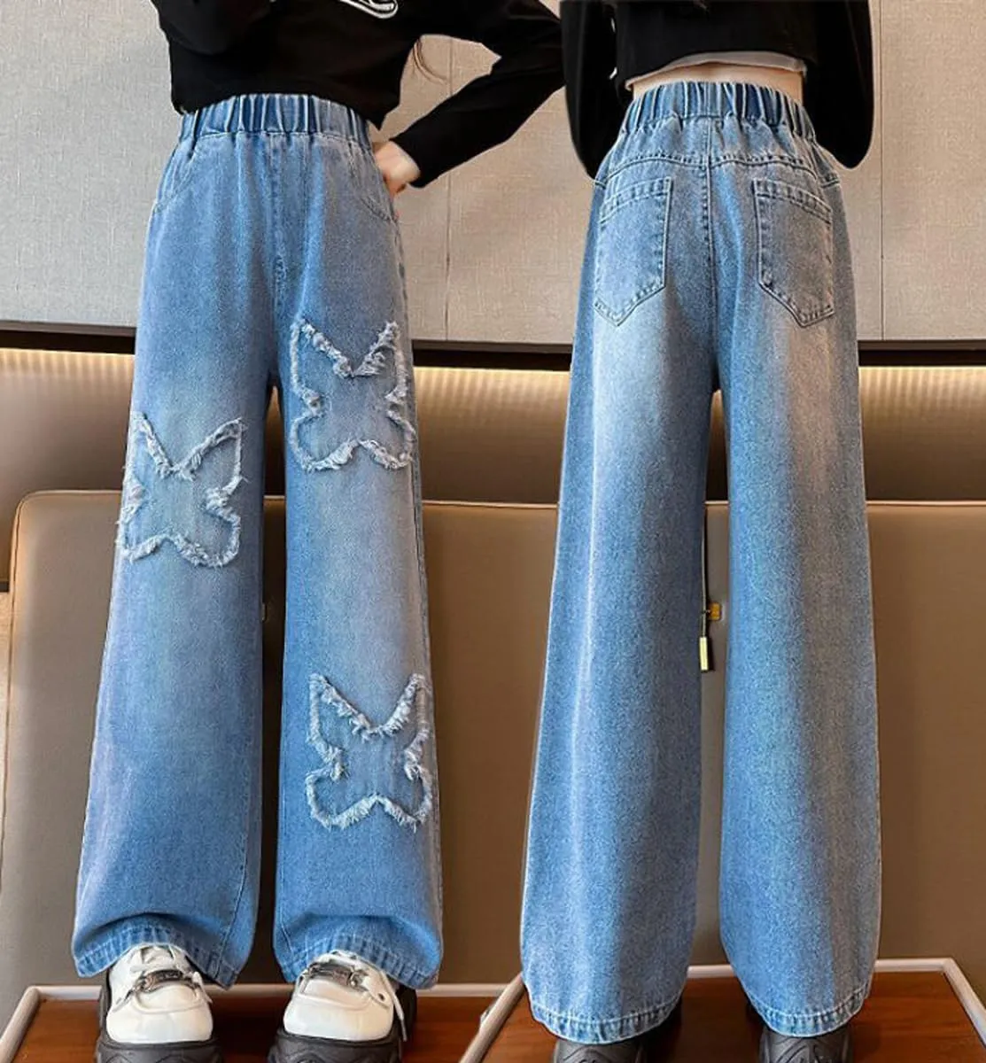 NABER Kids Girls Casual Baggy Wide Leg Denim Pants Elastic Waist Casual Jeans Age 5-14