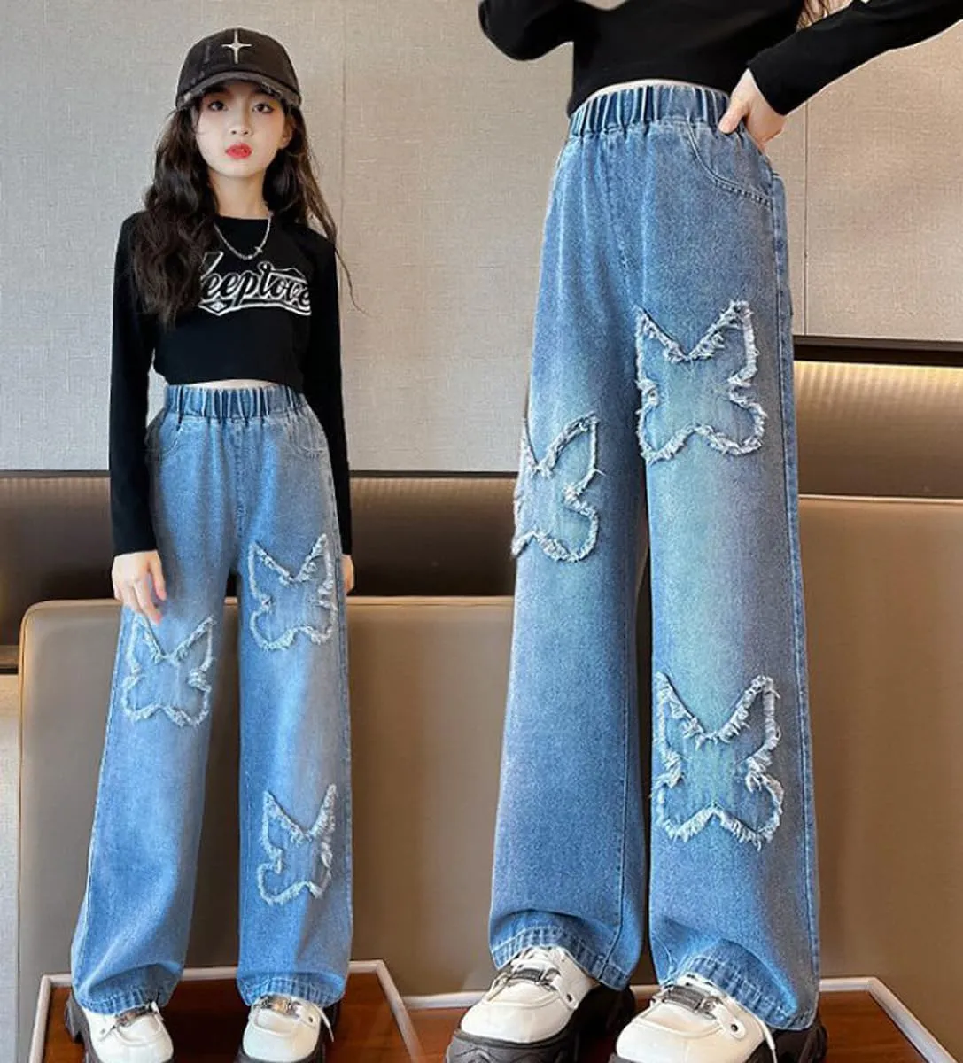 NABER Kids Girls Casual Baggy Wide Leg Denim Pants Elastic Waist Casual Jeans Age 5-14
