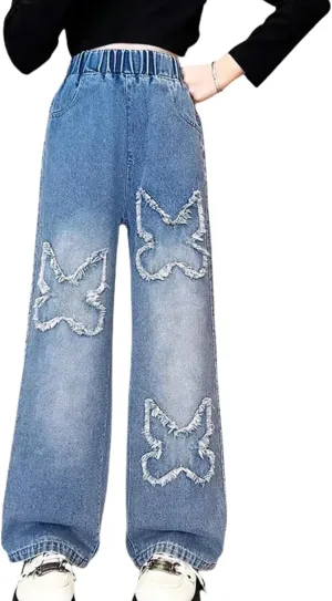 NABER Kids Girls Casual Baggy Wide Leg Denim Pants Elastic Waist Casual Jeans Age 5-14