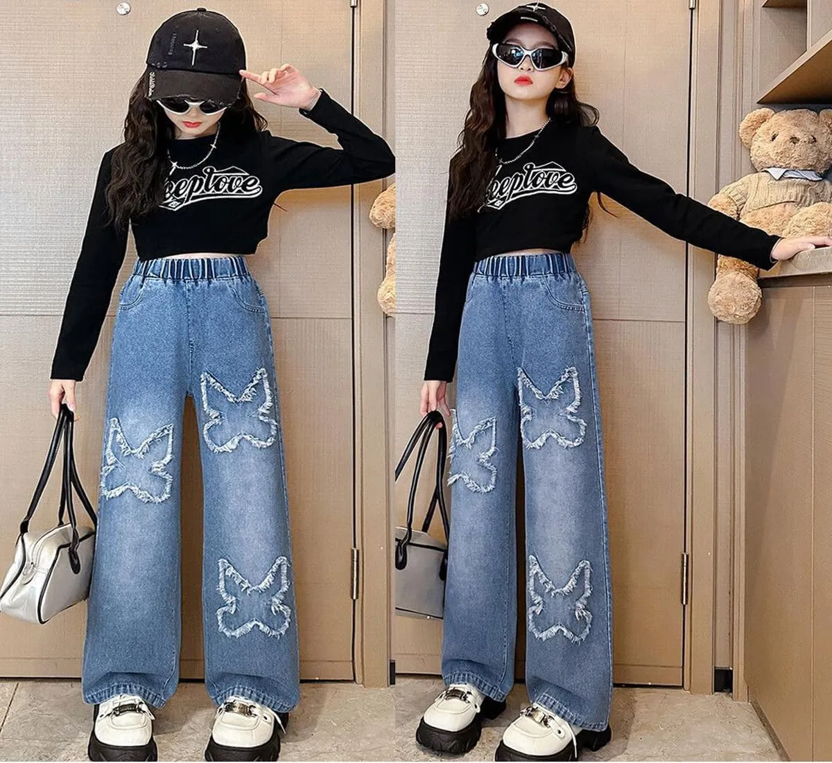 NABER Kids Girls Casual Baggy Wide Leg Denim Pants Elastic Waist Casual Jeans Age 5-14