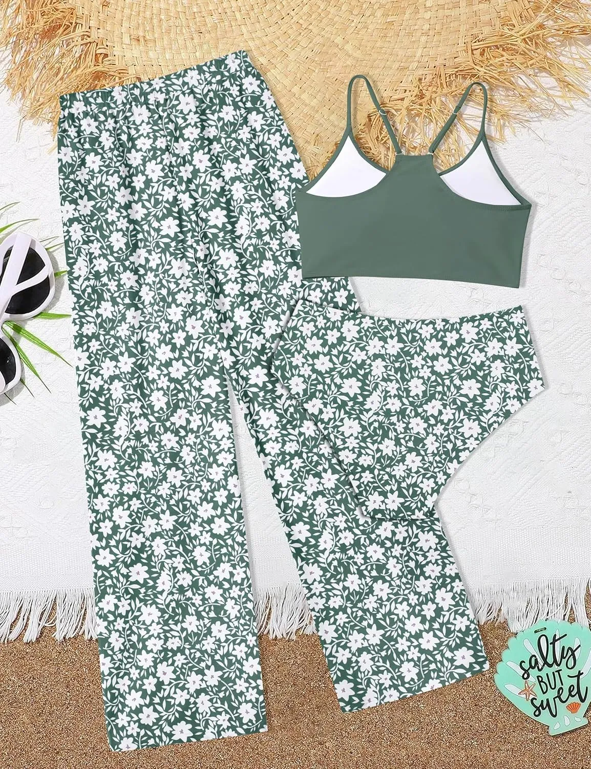 NECIOUS Girls Swimsuit, 3 Piece Bikini Bathing Suit Tropical Floral Swimwear with Cover Up Pants 7-16Y