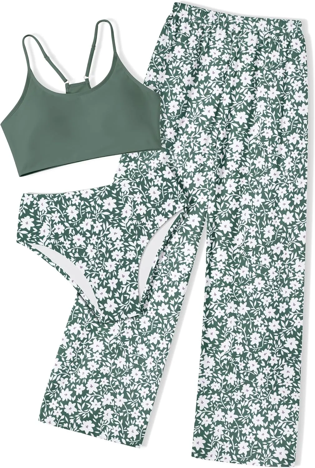 NECIOUS Girls Swimsuit, 3 Piece Bikini Bathing Suit Tropical Floral Swimwear with Cover Up Pants 7-16Y