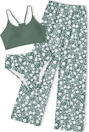 NECIOUS Girls Swimsuit, 3 Piece Bikini Bathing Suit Tropical Floral Swimwear with Cover Up Pants 7-16Y