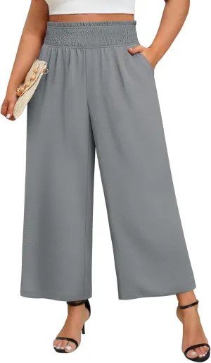 Neer Women's Plus Size Wide Leg Pants, Summer Stretchy Lounge Pants with Pockets Pull On Elastic Flowy Palazzo Trousers