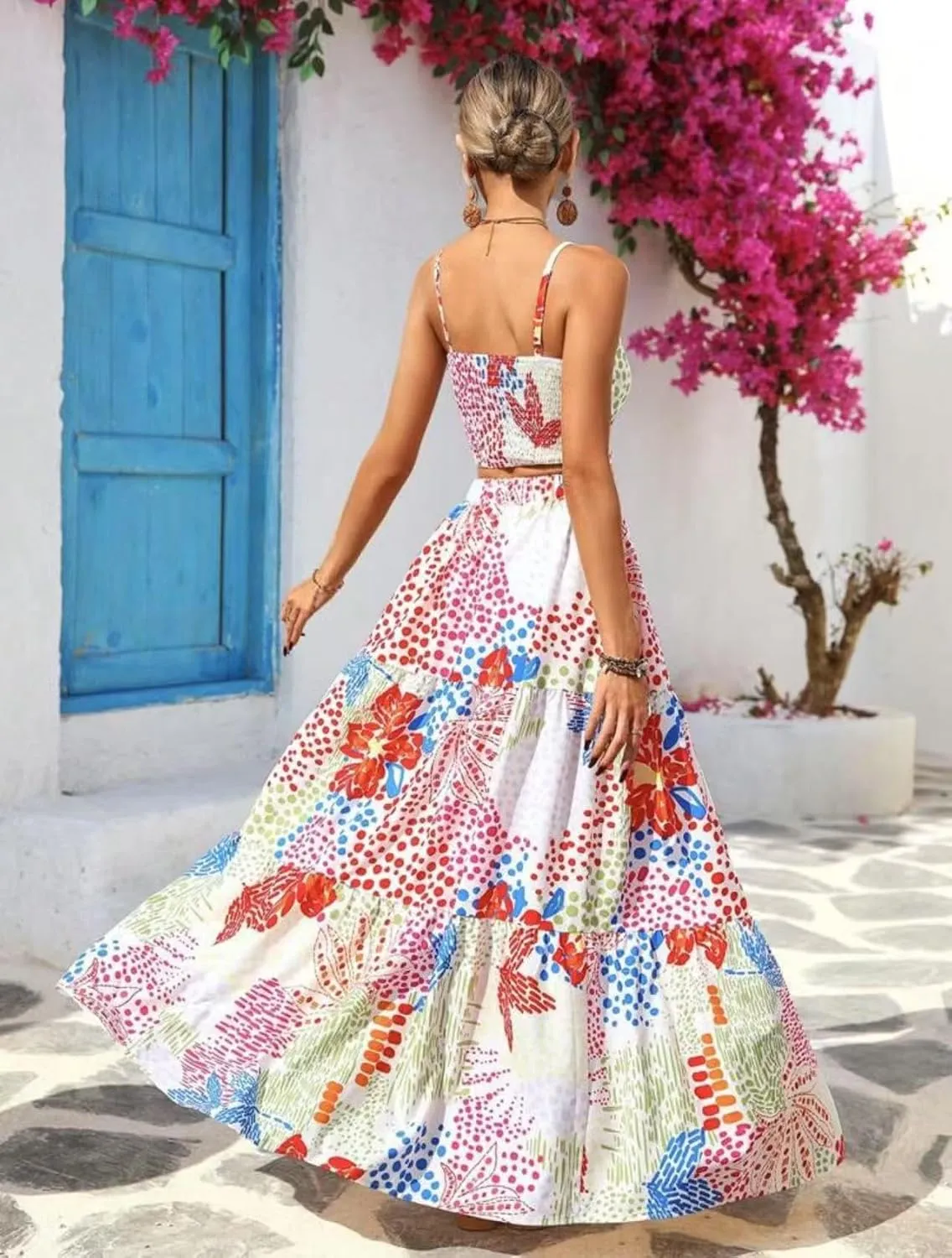 NIFTRIRY 2 Piece Sets Floral Print Spaghetti Cami Crop Top with Maxi Skirt Tropical Vacation Outfits for Women