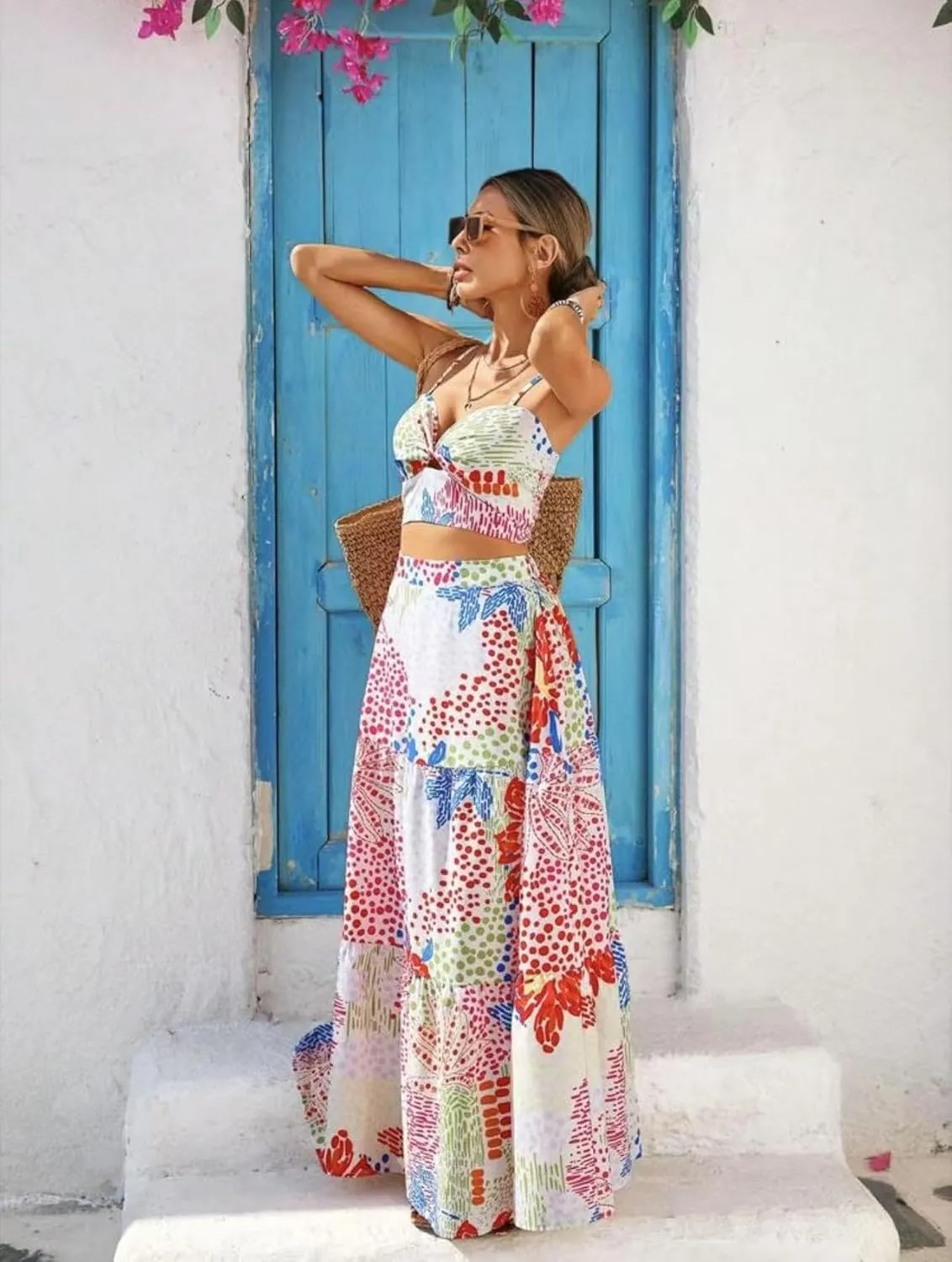 NIFTRIRY 2 Piece Sets Floral Print Spaghetti Cami Crop Top with Maxi Skirt Tropical Vacation Outfits for Women