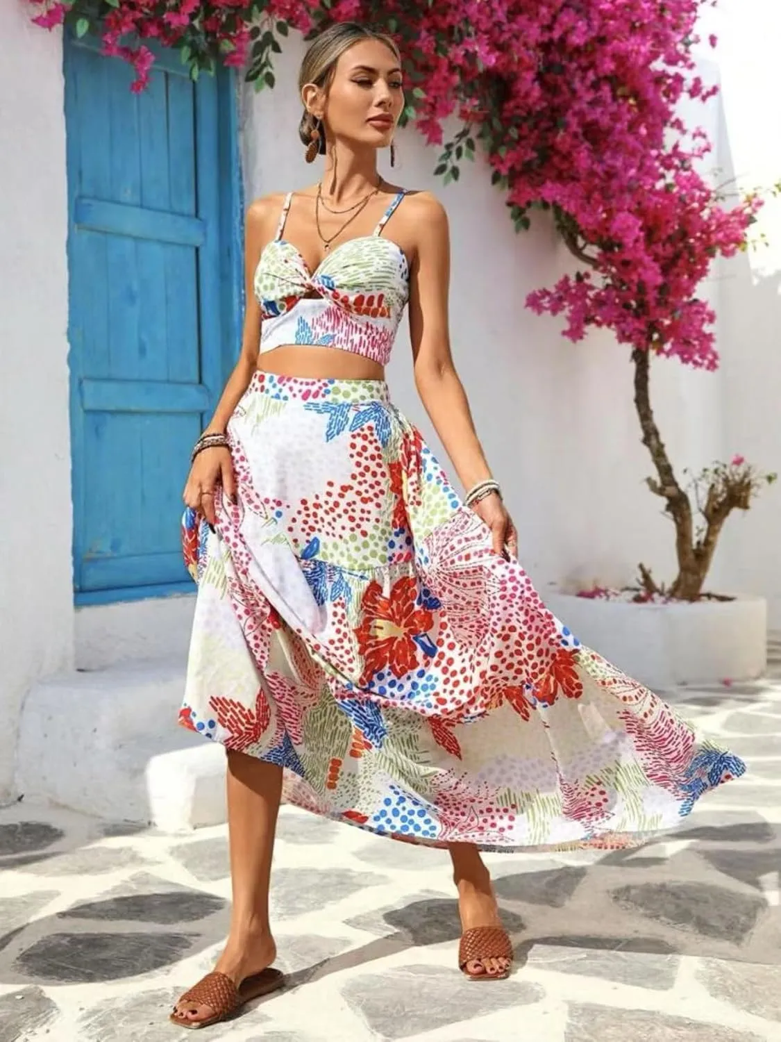 NIFTRIRY 2 Piece Sets Floral Print Spaghetti Cami Crop Top with Maxi Skirt Tropical Vacation Outfits for Women