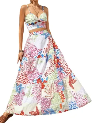 NIFTRIRY 2 Piece Sets Floral Print Spaghetti Cami Crop Top with Maxi Skirt Tropical Vacation Outfits for Women