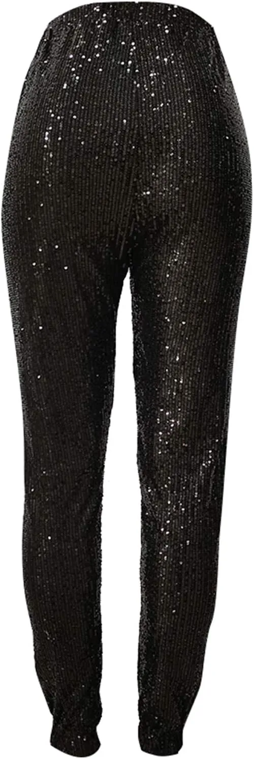 nqgsntc Women Casual Sequin Sparkle Glitter High Waist Pencil Pants Trousers Clubwear