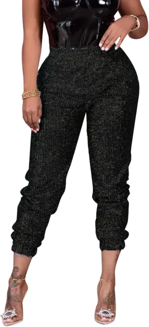 nqgsntc Women Casual Sequin Sparkle Glitter High Waist Pencil Pants Trousers Clubwear