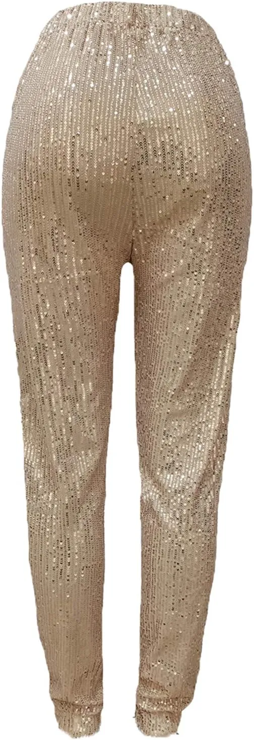 nqgsntc Women Casual Sequin Sparkle Glitter High Waist Pencil Pants Trousers Clubwear