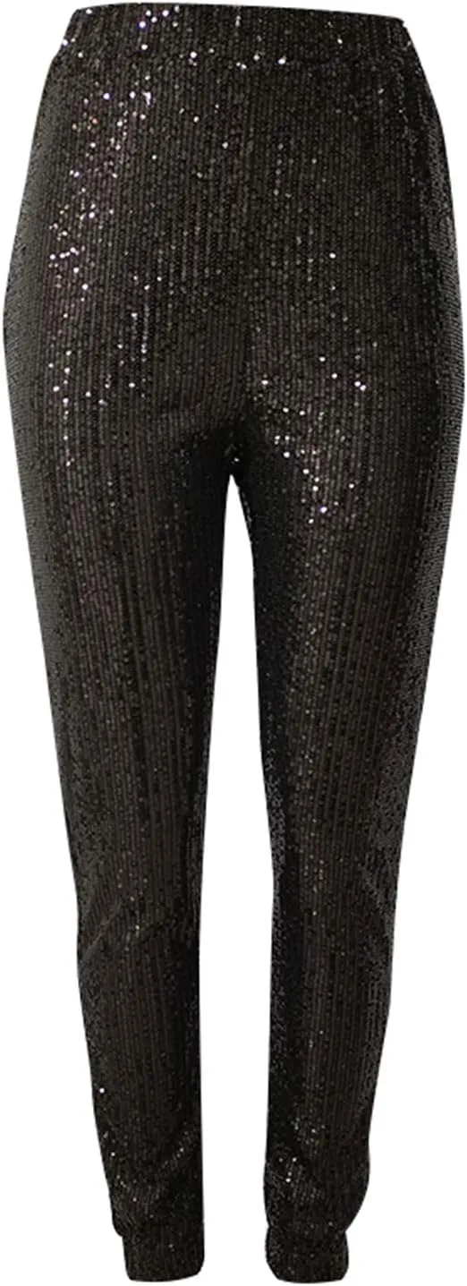 nqgsntc Women Casual Sequin Sparkle Glitter High Waist Pencil Pants Trousers Clubwear
