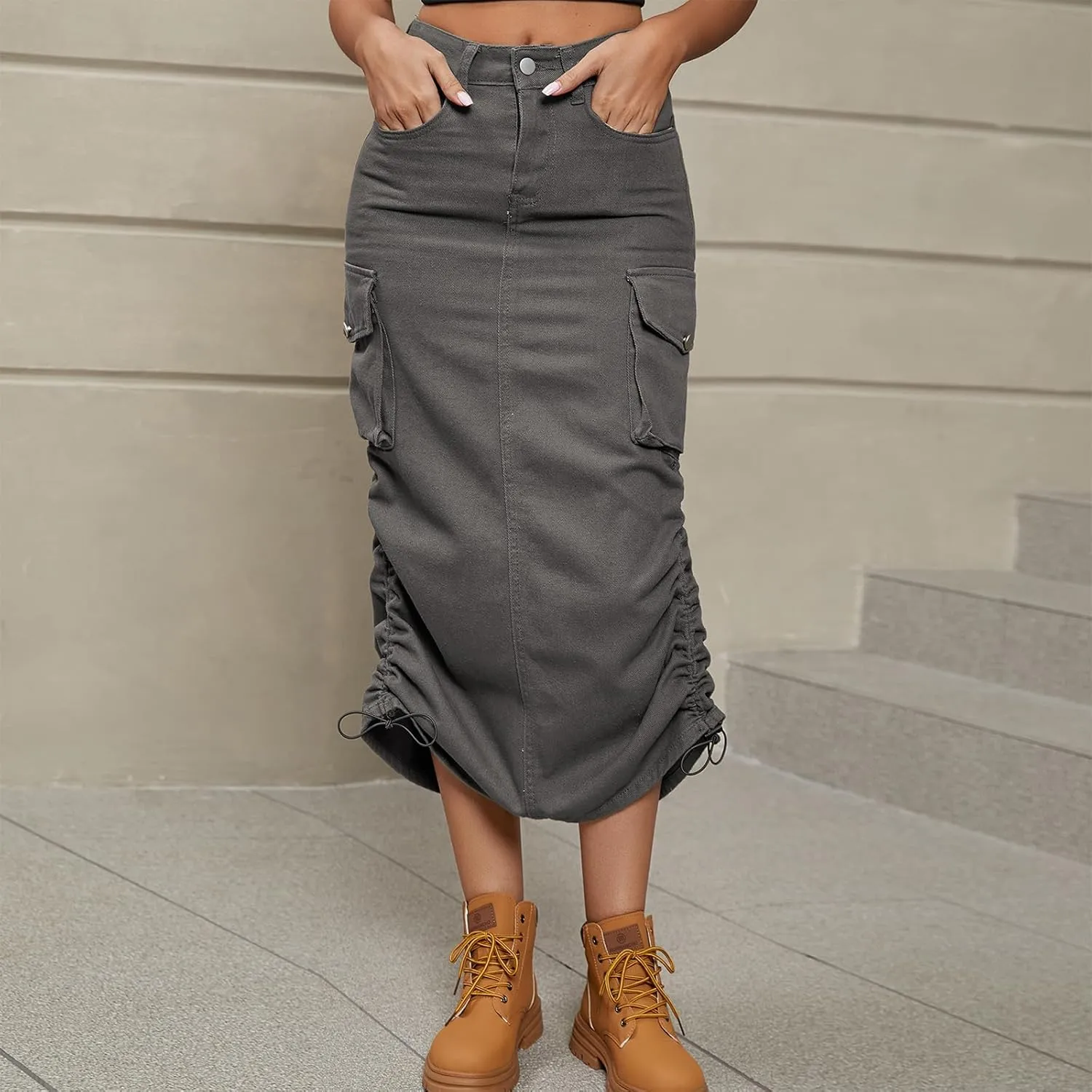 ODASDO Long Cargo Skirts for Women Denim Skirts Split Back Drawstring Maxi Skirt Casual Cargo Skirt with Pockets