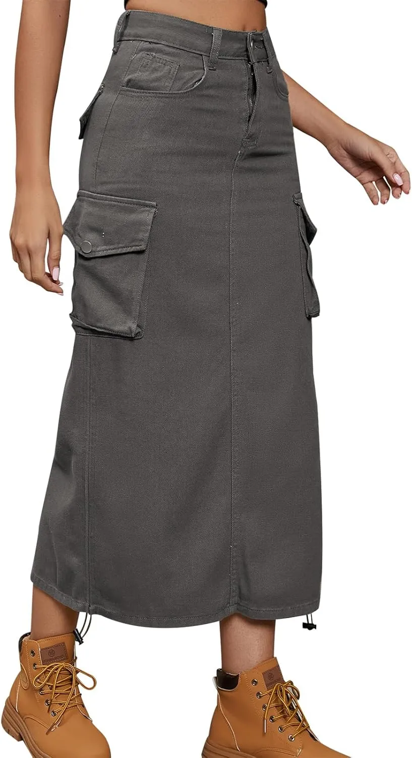 ODASDO Long Cargo Skirts for Women Denim Skirts Split Back Drawstring Maxi Skirt Casual Cargo Skirt with Pockets