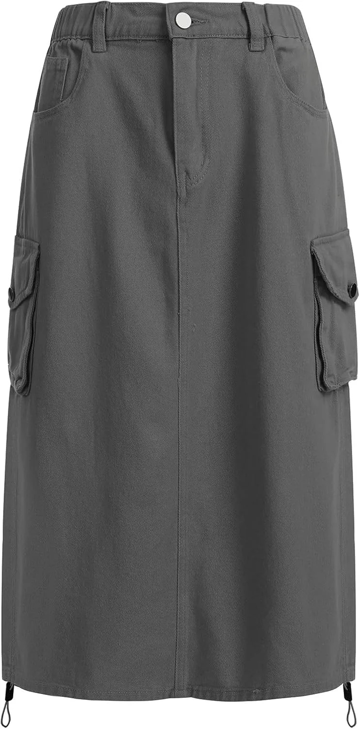 ODASDO Long Cargo Skirts for Women Denim Skirts Split Back Drawstring Maxi Skirt Casual Cargo Skirt with Pockets