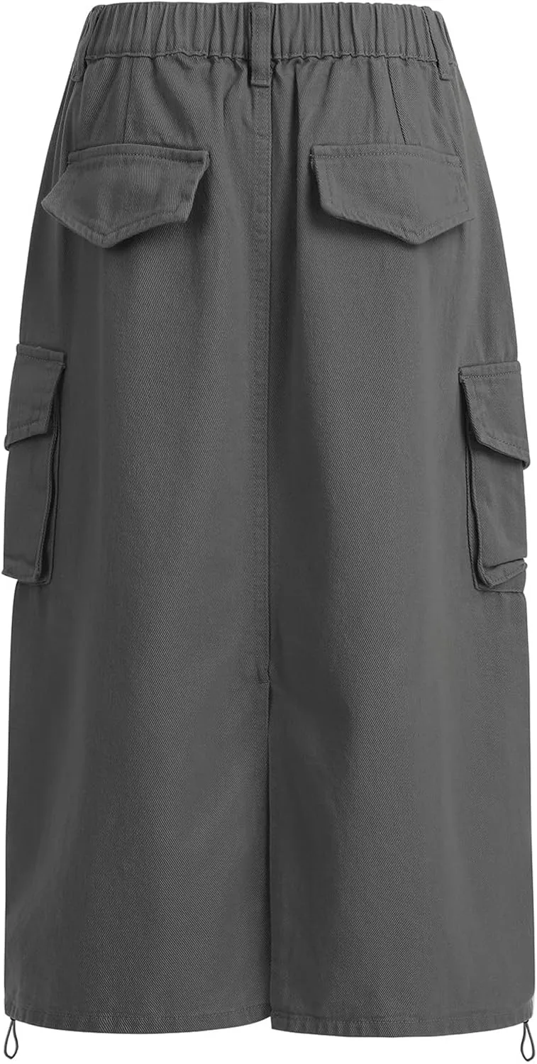 ODASDO Long Cargo Skirts for Women Denim Skirts Split Back Drawstring Maxi Skirt Casual Cargo Skirt with Pockets
