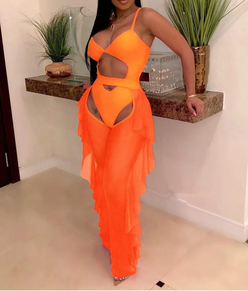 OLUOLIN Women Beading Pearl See Through Sheer Mesh 2 Pieces Outfits Jumpsuits Crop Top and Hollow Out Ruffle Long Pants