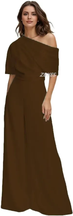 One Shoulder Mother of The Bride Pantsuits for Wedding Short Sleeve Satin Formal Jumpsuit for Women