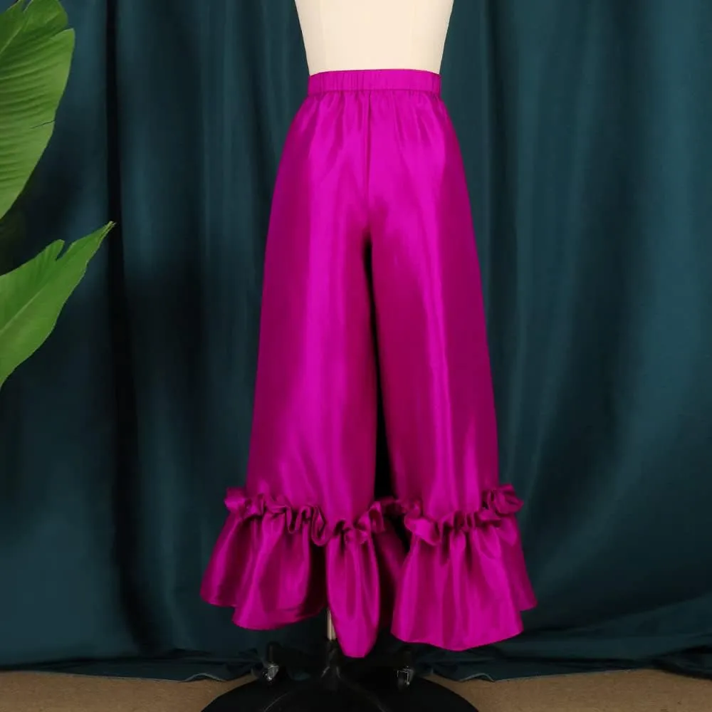 ONTINVA Women's Boho Elastic High Waisted Ruffle Hem Wide Leg Palazzo Pants Loose Plus Size Trousers