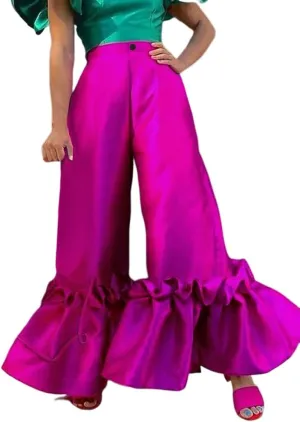 ONTINVA Women's Boho Elastic High Waisted Ruffle Hem Wide Leg Palazzo Pants Loose Plus Size Trousers