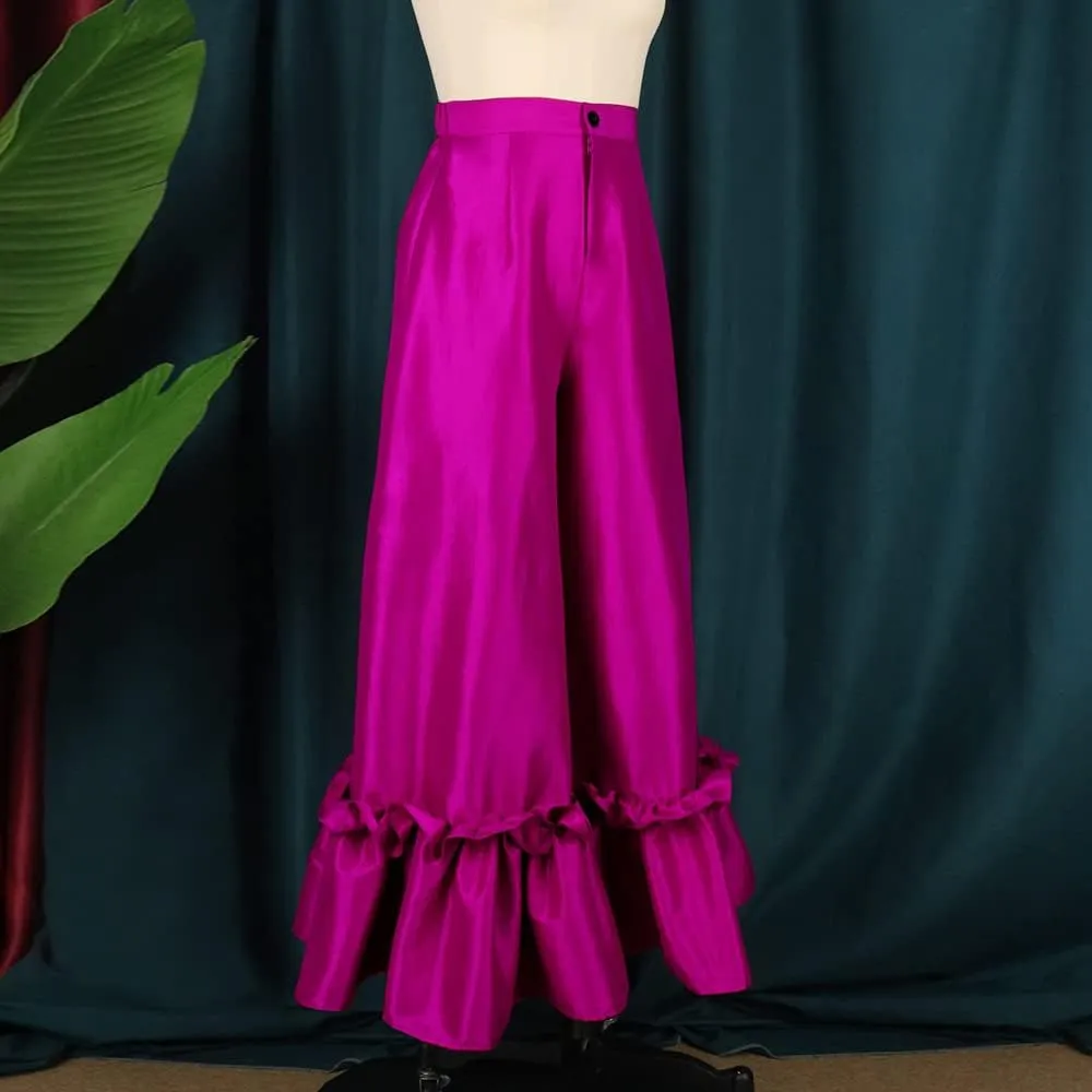 ONTINVA Women's Boho Elastic High Waisted Ruffle Hem Wide Leg Palazzo Pants Loose Plus Size Trousers