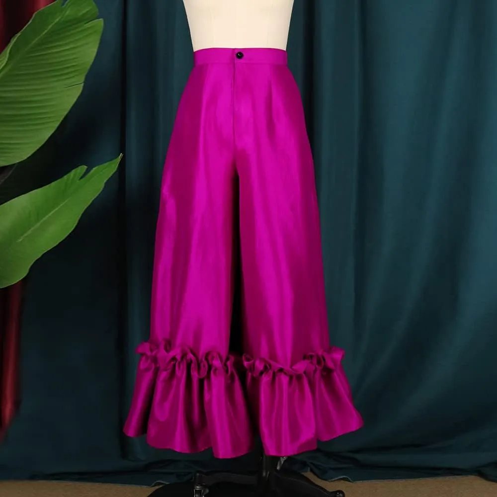 ONTINVA Women's Boho Elastic High Waisted Ruffle Hem Wide Leg Palazzo Pants Loose Plus Size Trousers