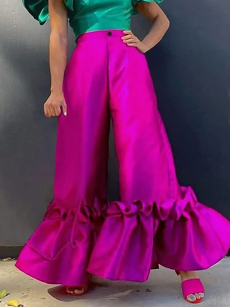 ONTINVA Women's Boho Elastic High Waisted Ruffle Hem Wide Leg Palazzo Pants Loose Plus Size Trousers