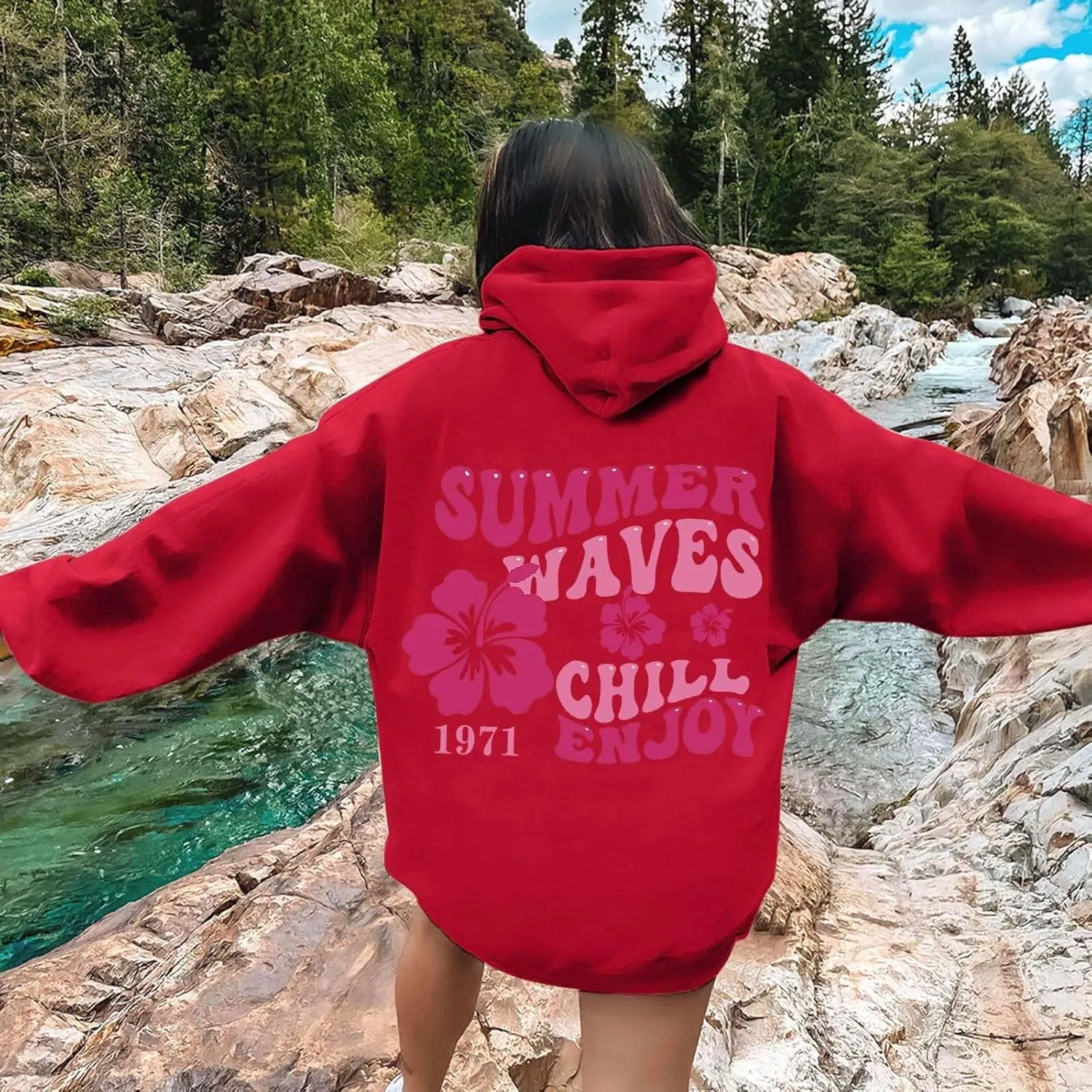 Pink Palm Hoodie For Teen Girls Casual Long Sleeve Y2K Hooded Pullover Tops Oversized Letter Graphic Hoodies With Pocket